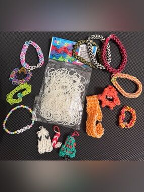 Lot of 11 Rubber band bracelets 2 with charms - “Love” & initial “A” & 3 charms